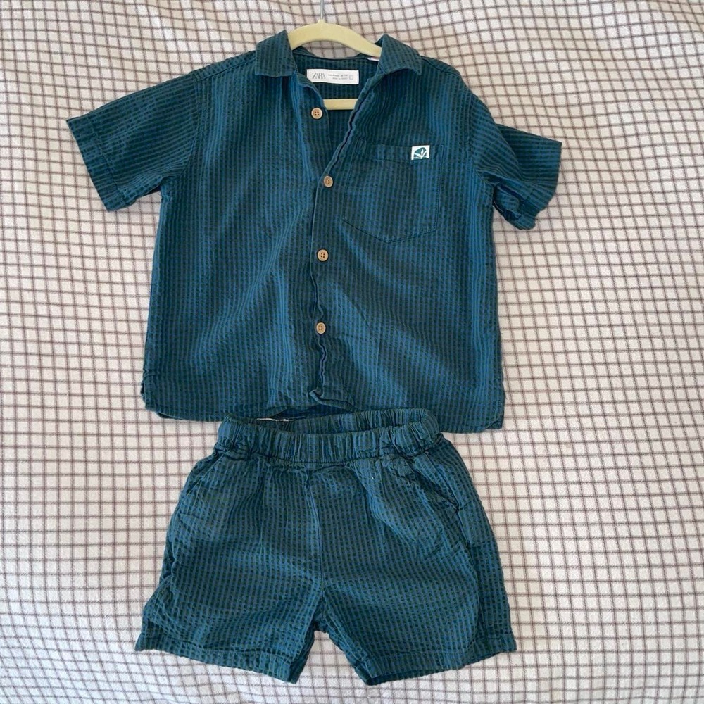Zara Boys 3/4 T Blue Green Striped Button Up Shirt & Shorts Set
